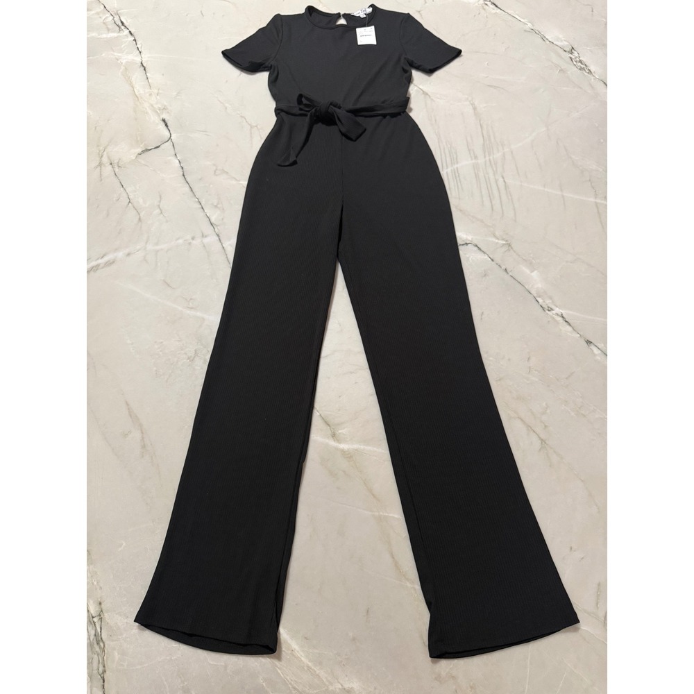 Velvet Torch Black Ribbed Short Sleeve Jumpsuit Size M NWT
